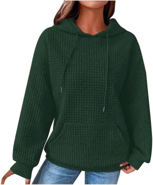 Womens Hoodies Casual Long Sleeve Waffle Sweatshirt Solid Drawstring Hooded Sweatshirt with Pocket Trendy Y2k Hoodie