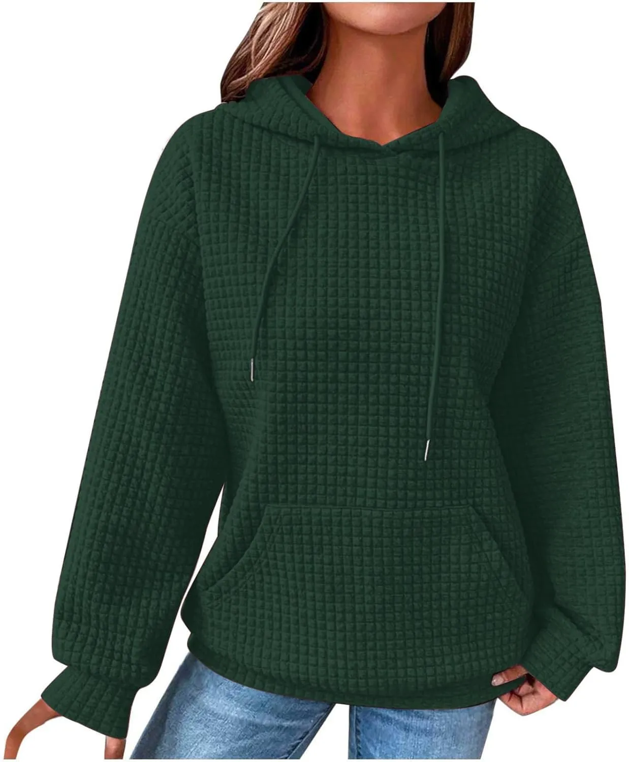 Womens Hoodies Casual Long Sleeve Waffle Sweatshirt Solid Drawstring Hooded Sweatshirt with Pocket Trendy Y2k Hoodie