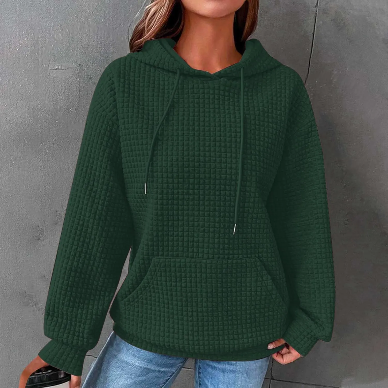 Womens Hoodies Casual Long Sleeve Waffle Sweatshirt Solid Drawstring Hooded Sweatshirt with Pocket Trendy Y2k Hoodie