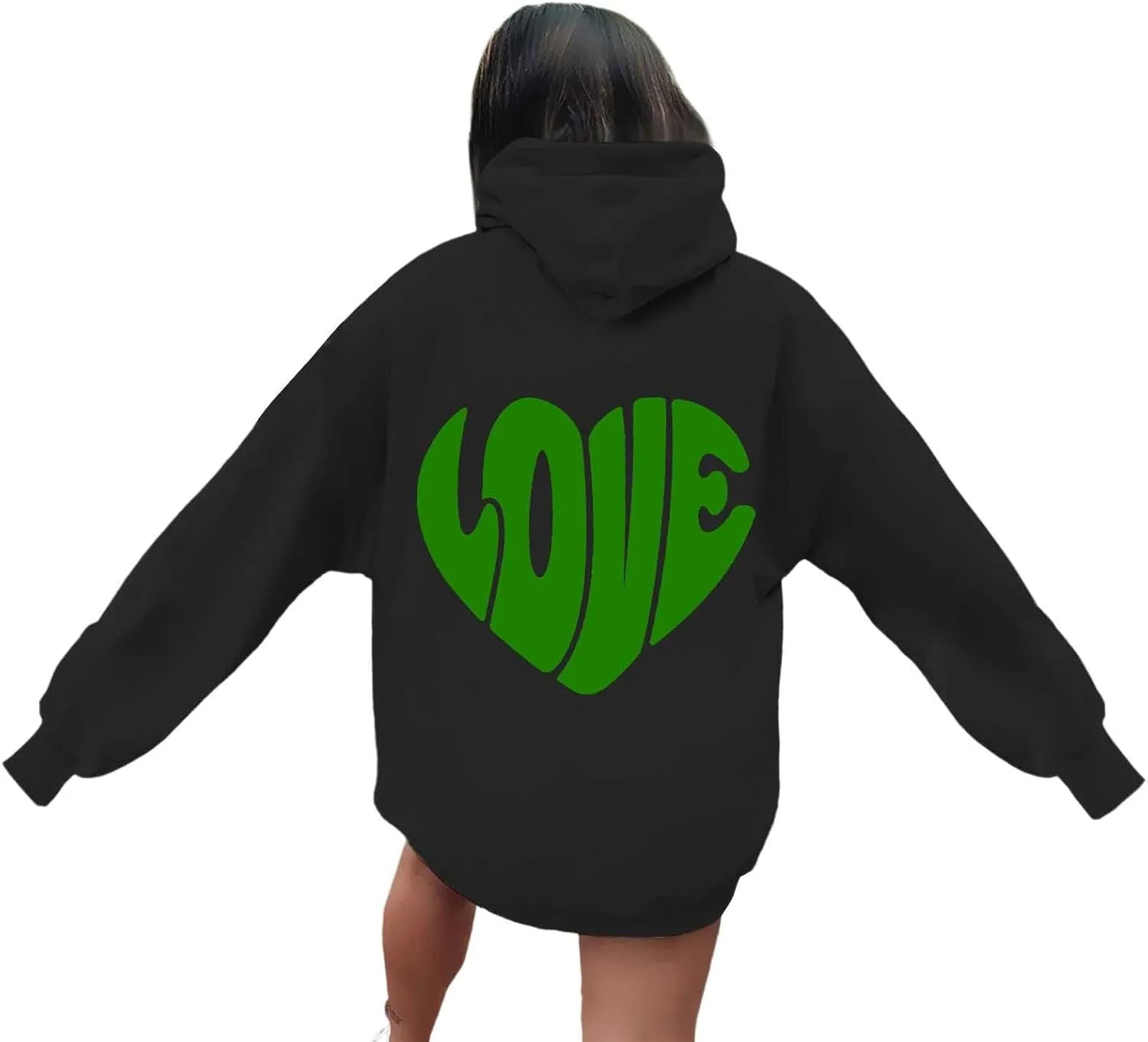 Women's Hoodies Heart Print Graphic Long Sleeve Oversized Sweatshirts Drawstring Pullover Top with Pockets