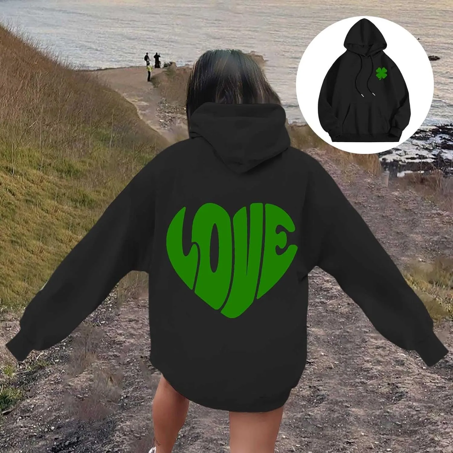 Women's Hoodies Heart Print Graphic Long Sleeve Oversized Sweatshirts Drawstring Pullover Top with Pockets