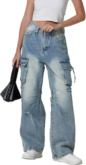 Womens Jeans Baggy Jeans Casual Wide Leg Pants Jeans Boyfriend Jeans High Waist Baggy Plus Size Distressed Y2K Streetwear