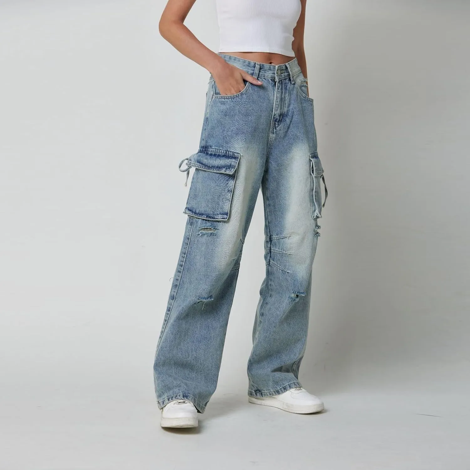 Womens Jeans Baggy Jeans Casual Wide Leg Pants Jeans Boyfriend Jeans High Waist Baggy Plus Size Distressed Y2K Streetwear