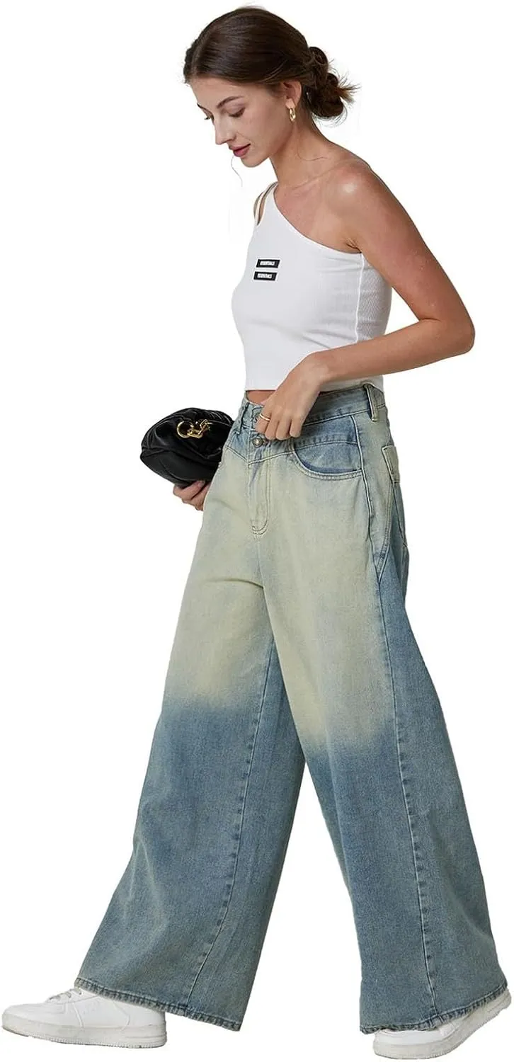 Womens Jeans Baggy Jeans Casual Wide Leg Pants Jeans Boyfriend Jeans High Waist Baggy Plus Size Distressed Y2K Streetwear