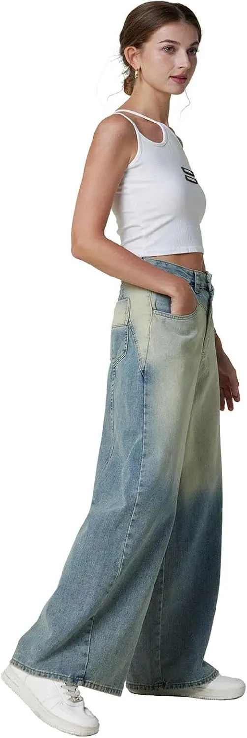 Womens Jeans Baggy Jeans Casual Wide Leg Pants Jeans Boyfriend Jeans High Waist Baggy Plus Size Distressed Y2K Streetwear