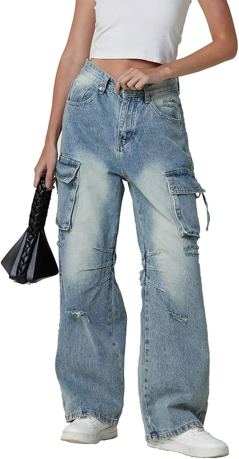 Womens Jeans Baggy Jeans Casual Wide Leg Pants Jeans Boyfriend Jeans High Waist Baggy Plus Size Distressed Y2K Streetwear