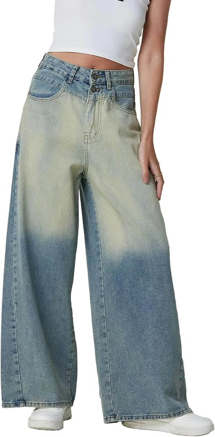Womens Jeans Baggy Jeans Casual Wide Leg Pants Jeans Boyfriend Jeans High Waist Baggy Plus Size Distressed Y2K Streetwear