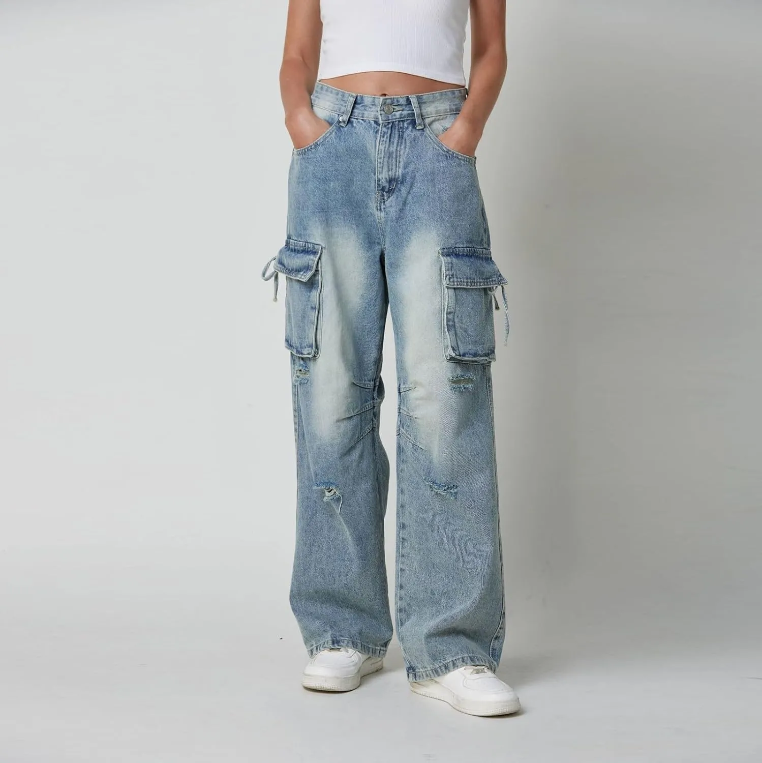 Womens Jeans Baggy Jeans Casual Wide Leg Pants Jeans Boyfriend Jeans High Waist Baggy Plus Size Distressed Y2K Streetwear