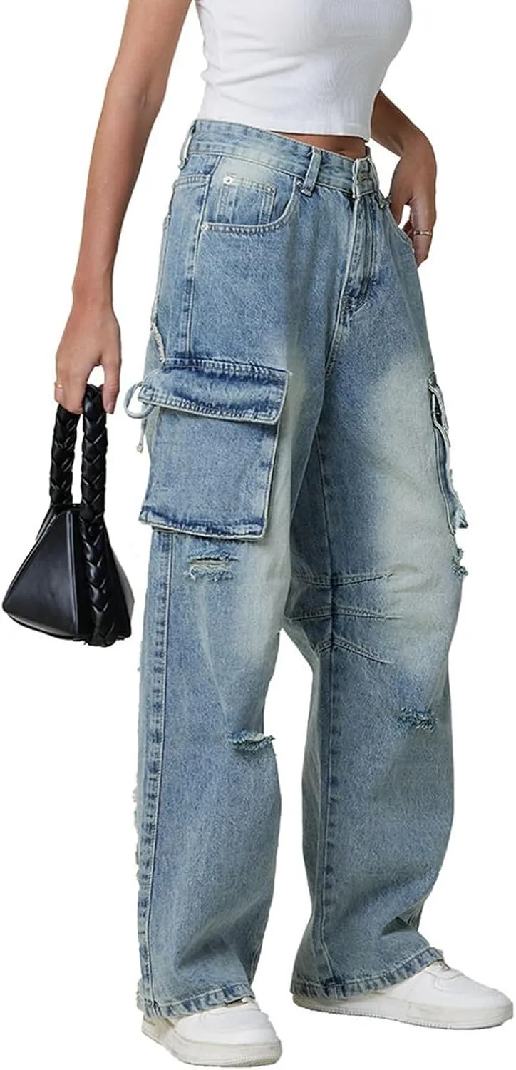 Womens Jeans Baggy Jeans Casual Wide Leg Pants Jeans Boyfriend Jeans High Waist Baggy Plus Size Distressed Y2K Streetwear