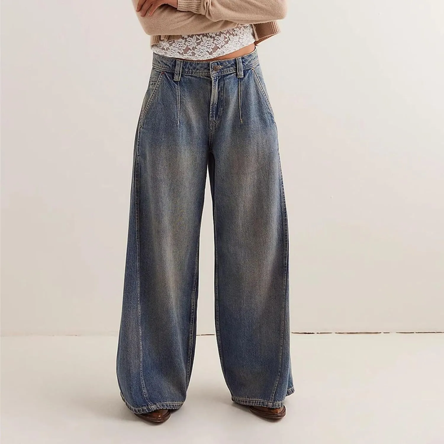 Womens Jeans Baggy Jeans Casual Wide Leg Pants Jeans Boyfriend Jeans High Waist Baggy Plus Size Distressed Y2K Streetwear