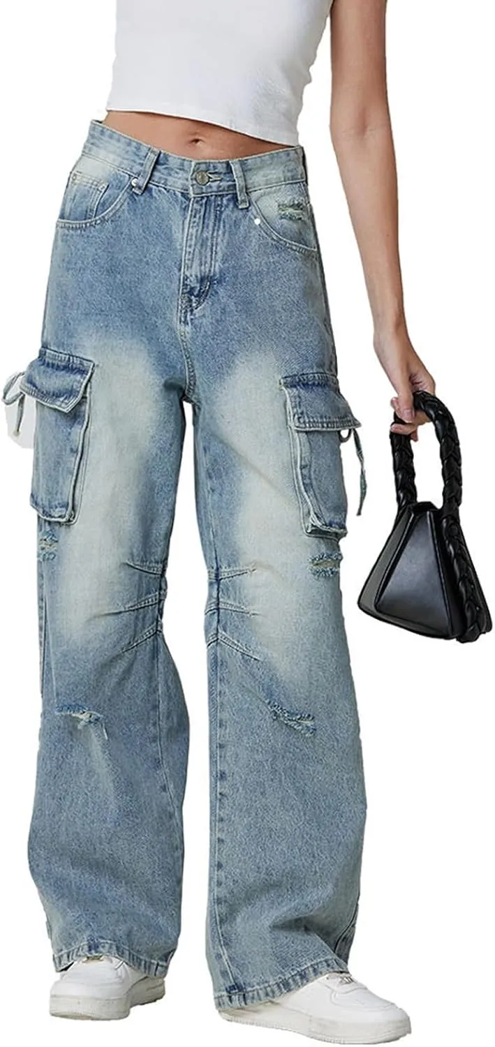 Womens Jeans Baggy Jeans Casual Wide Leg Pants Jeans Boyfriend Jeans High Waist Baggy Plus Size Distressed Y2K Streetwear