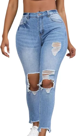 Womens Jeans High Waisted Ripped Stretchy Pants Classic Distressed Jeans Vintage Plus Size Destroyed Denim Pants