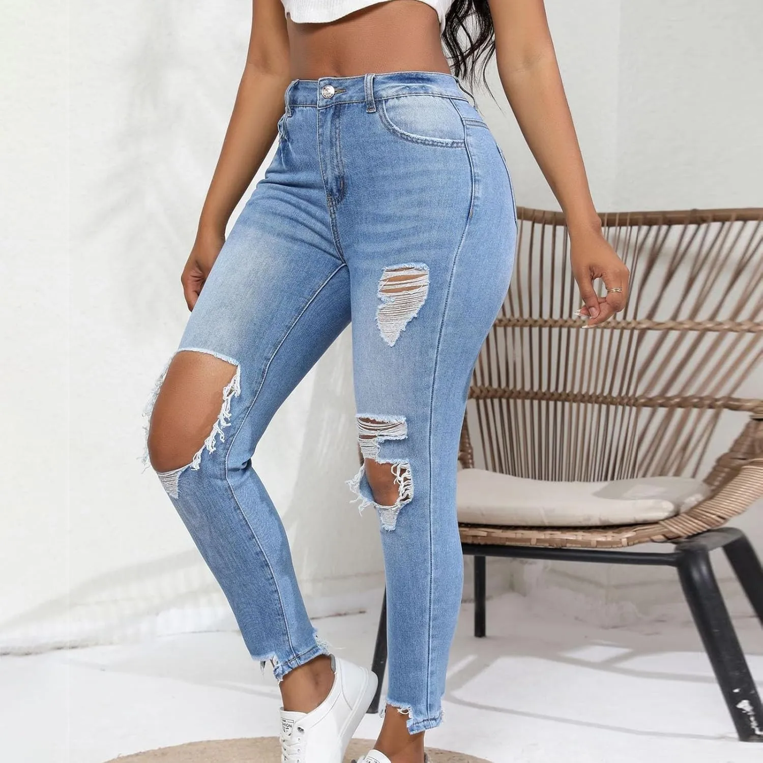 Womens Jeans High Waisted Ripped Stretchy Pants Classic Distressed Jeans Vintage Plus Size Destroyed Denim Pants