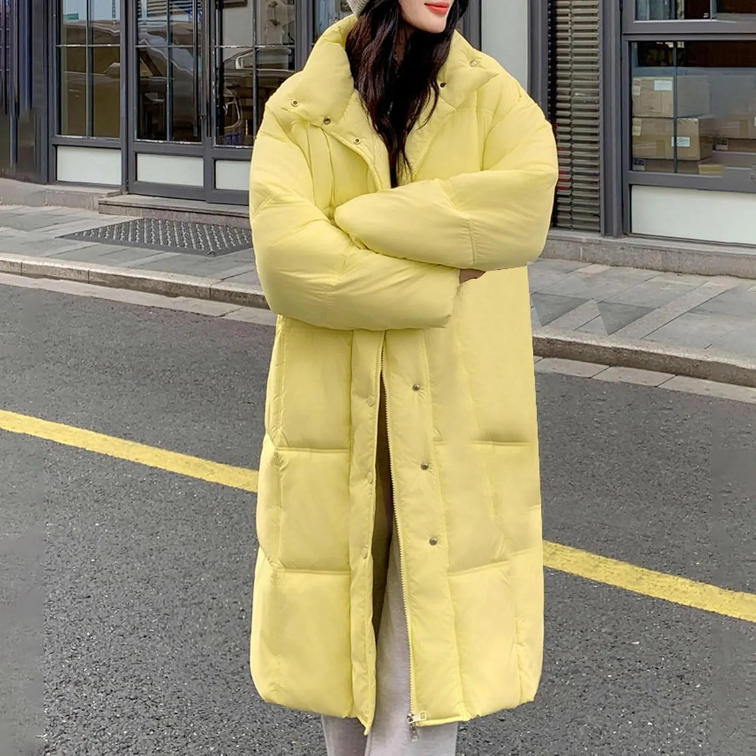 Womens Lightweight Quilted Jackets Long Puffer Down Jacket Thickened Warm Quilted Winter Coat Outerwear with Pockets