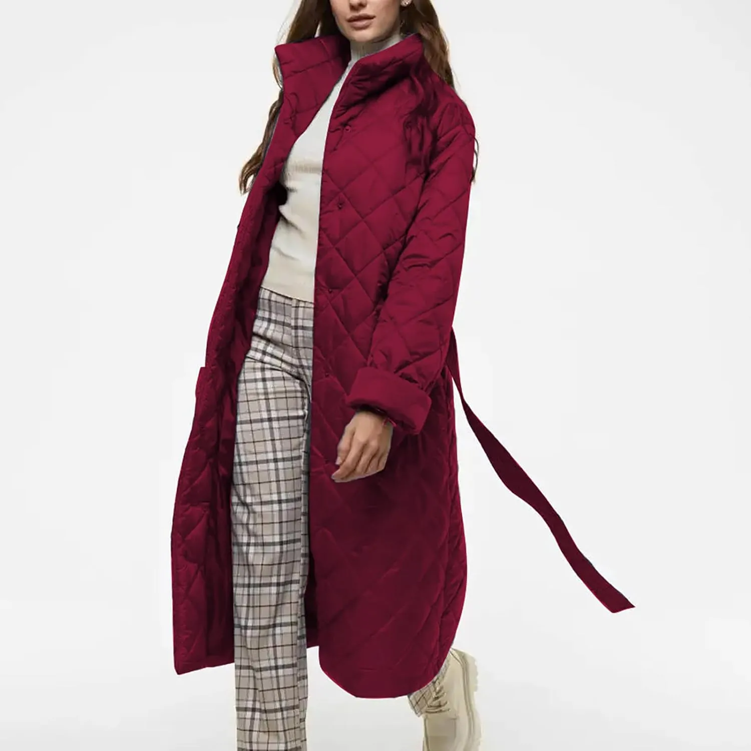 Women's Long Quilted Coat Maxi Length Winter Lighrweight Stand Collar Puffer Jacket Fashion Winter Warm Outwear