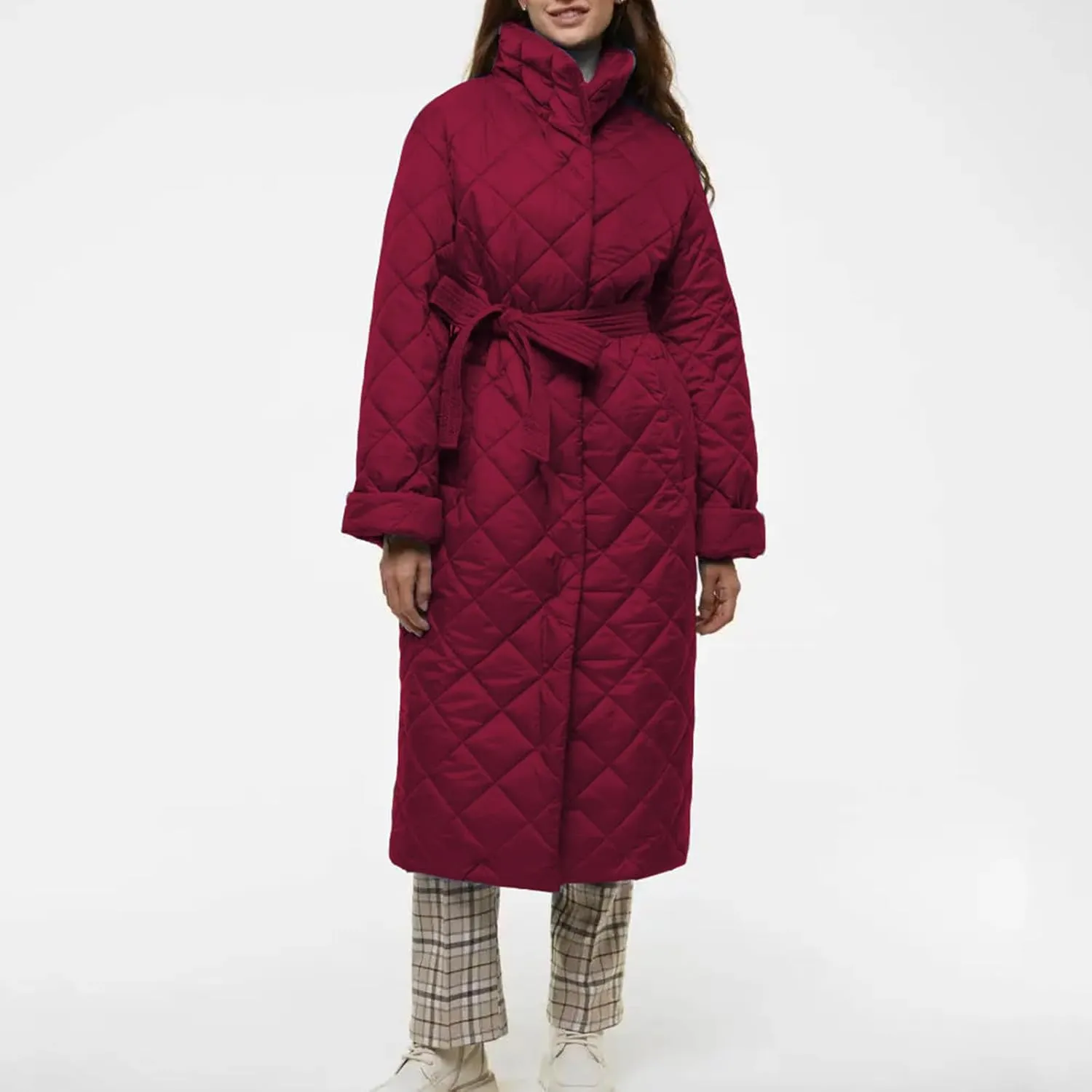 Women's Long Quilted Coat Maxi Length Winter Lighrweight Stand Collar Puffer Jacket Fashion Winter Warm Outwear