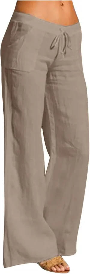 Womens Low-Rise Flowy Linen Pants Summer Beach Relax Fit Sweatpants Aesthetic Drawstring Bootcut Trousers with Pockets