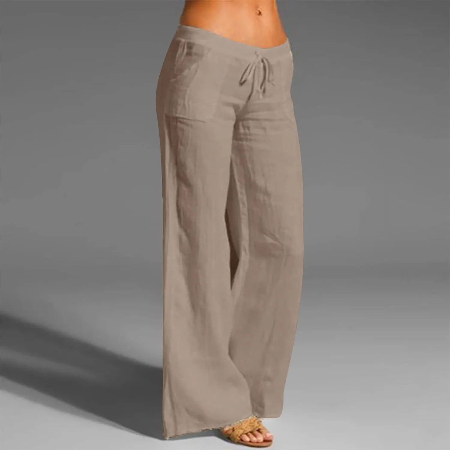 Womens Low-Rise Flowy Linen Pants Summer Beach Relax Fit Sweatpants Aesthetic Drawstring Bootcut Trousers with Pockets