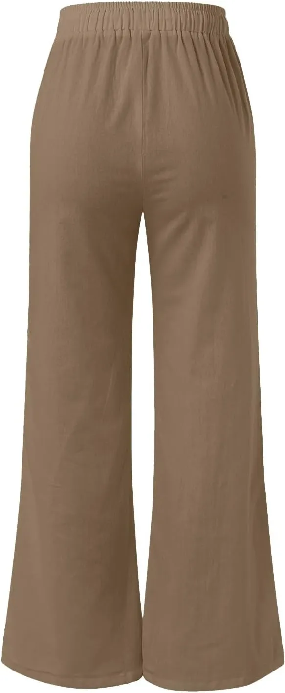 Womens Low-Rise Flowy Linen Pants Summer Beach Relax Fit Sweatpants Aesthetic Drawstring Bootcut Trousers with Pockets
