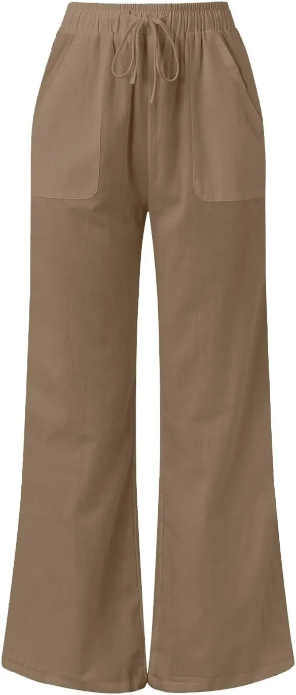 Womens Low-Rise Flowy Linen Pants Summer Beach Relax Fit Sweatpants Aesthetic Drawstring Bootcut Trousers with Pockets