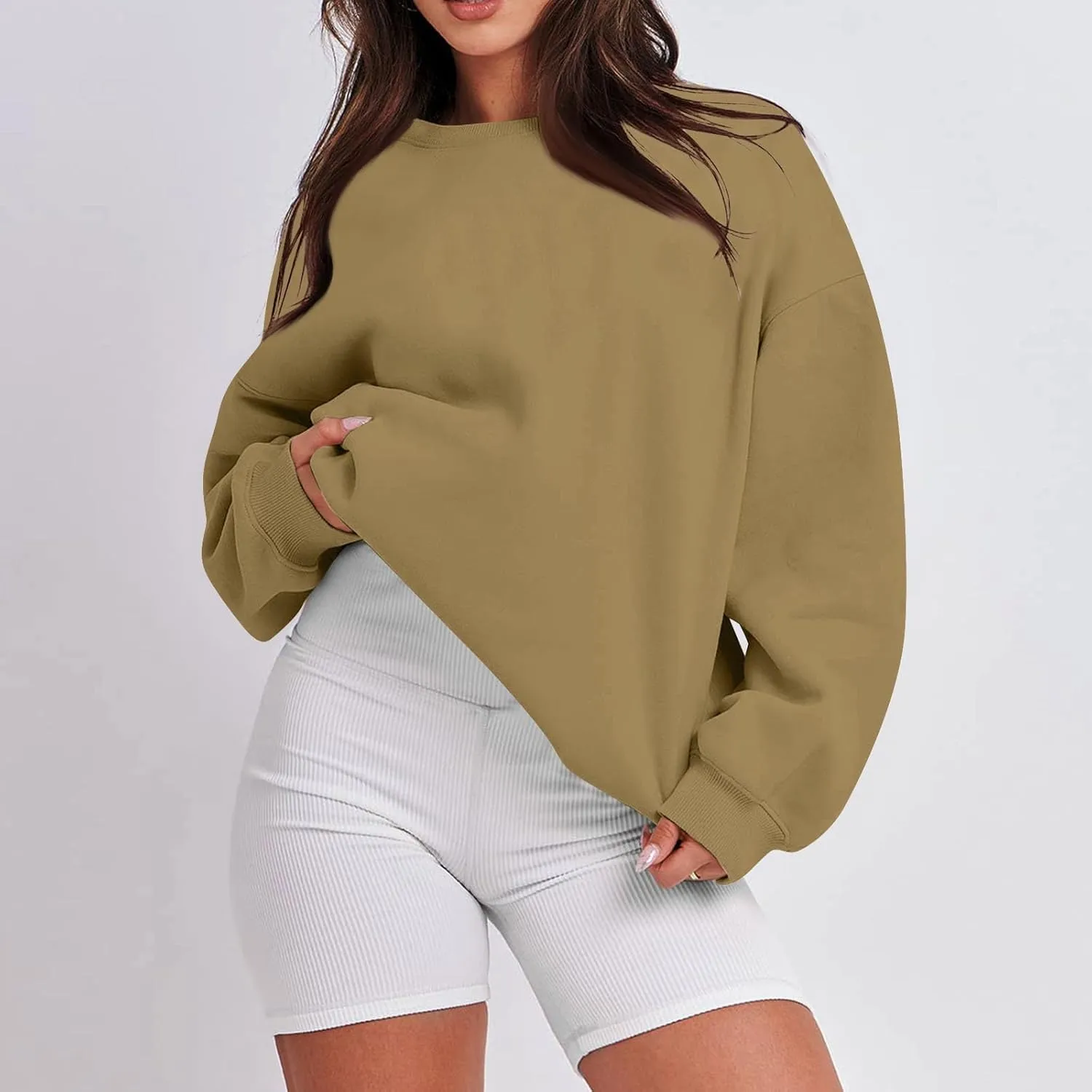 Womens Oversized Fleece Crew Neck Sweatshirts Long Sleeve Casual Pullover Plus Size Fall Sweatshirts