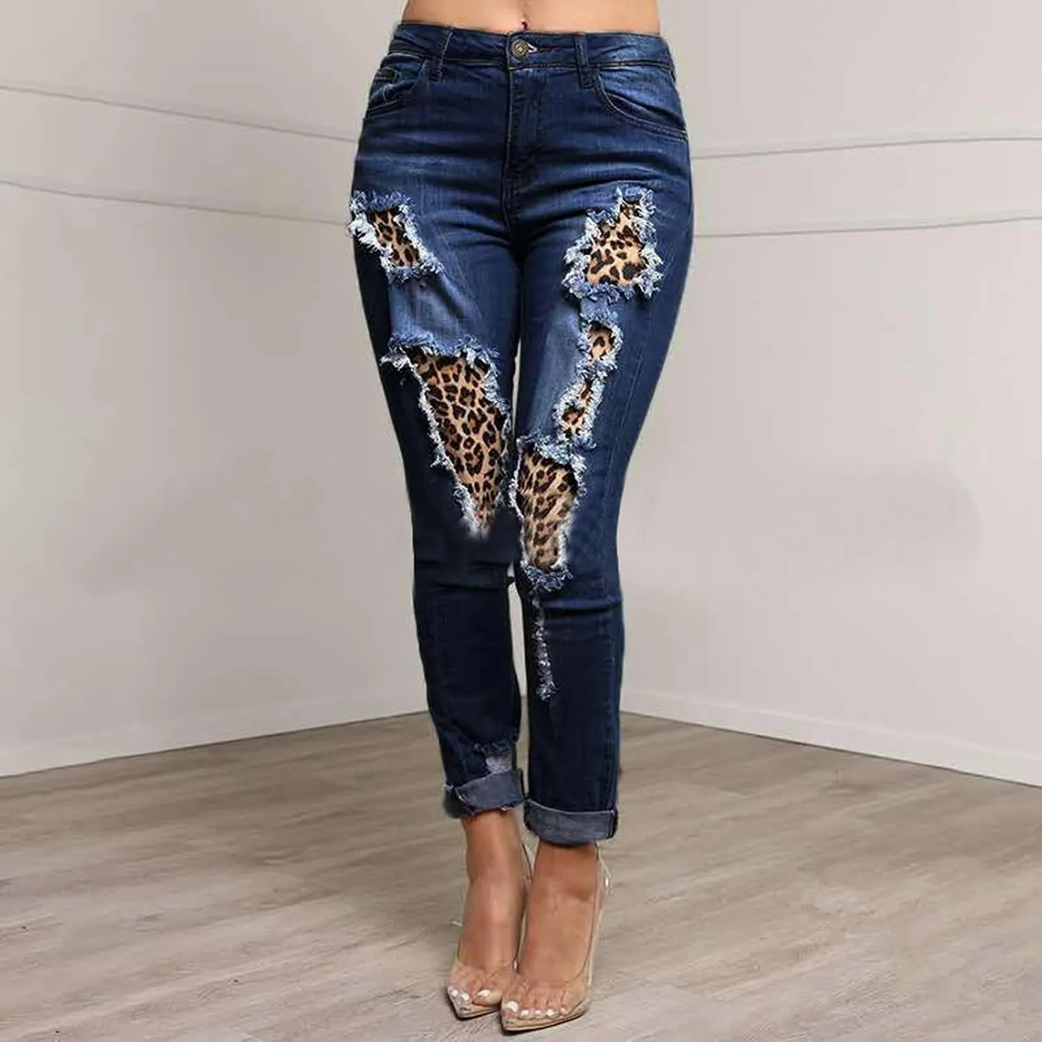 Womens Patch Leopard Ripped Distressed Washed Jeans Stretch Skinny Denim Jeans Boyfriend Trousers Jeans