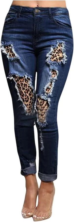Womens Patch Leopard Ripped Distressed Washed Jeans Stretch Skinny Denim Jeans Boyfriend Trousers Jeans