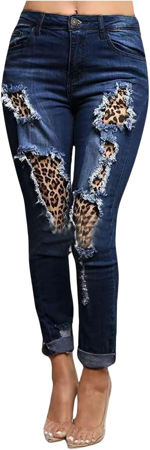 Womens Patch Leopard Ripped Distressed Washed Jeans Stretch Skinny Denim Jeans Boyfriend Trousers Jeans