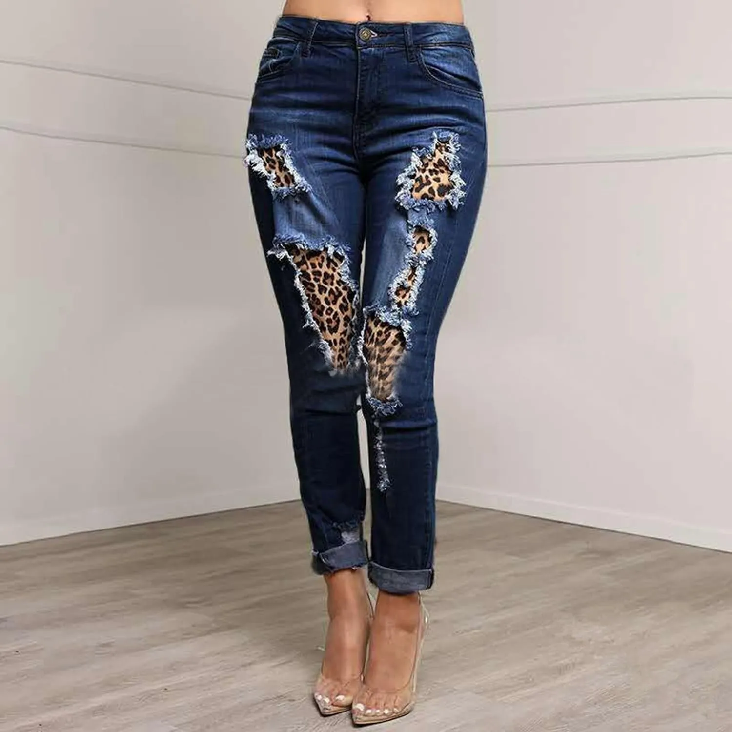 Womens Patch Leopard Ripped Distressed Washed Jeans Stretch Skinny Denim Jeans Boyfriend Trousers Jeans