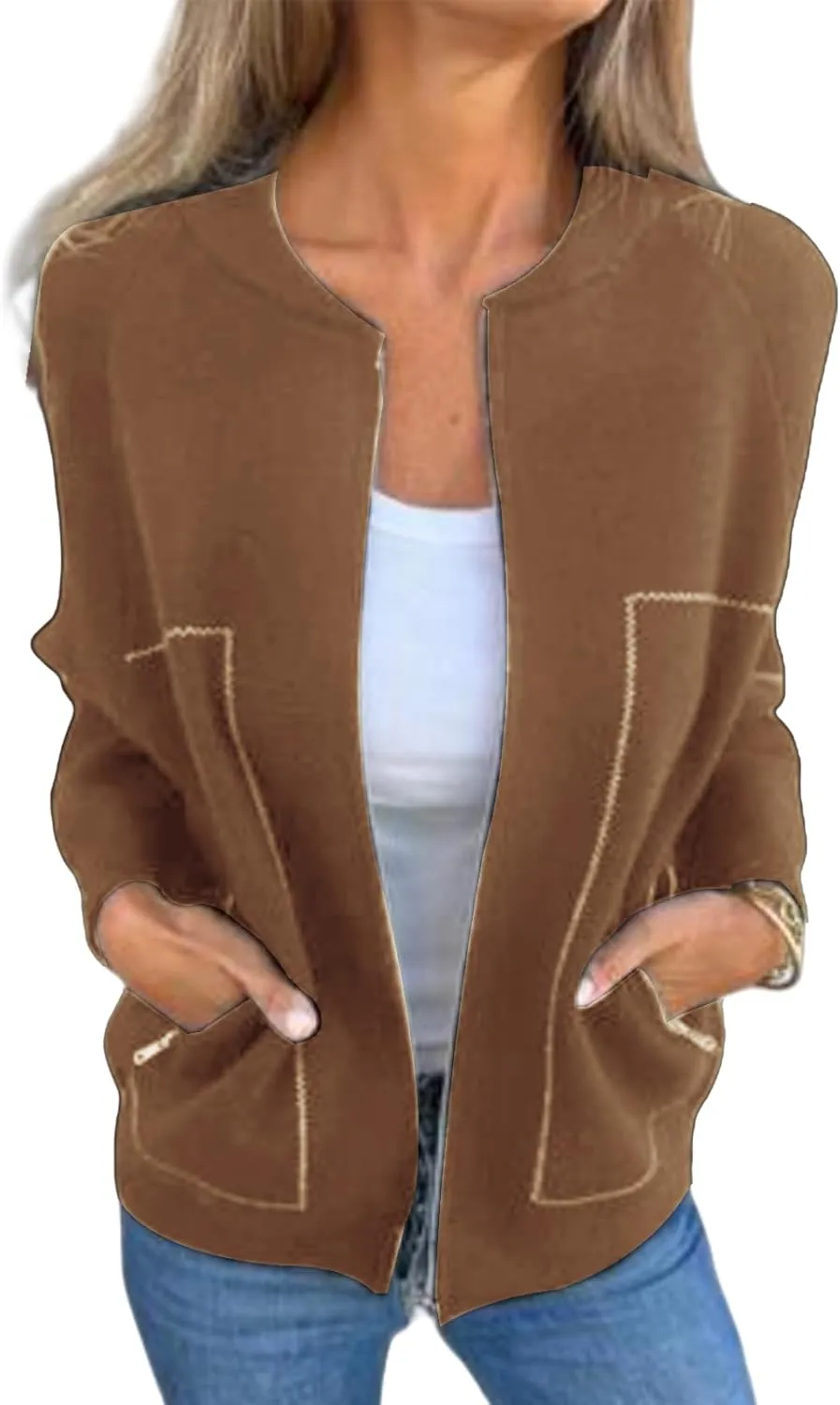 Womens Pea Coat Zip Up Long Sleeve Coat Crew Neck Wool Blend Jacket Open Front Cardigan Outerwear with Pockets