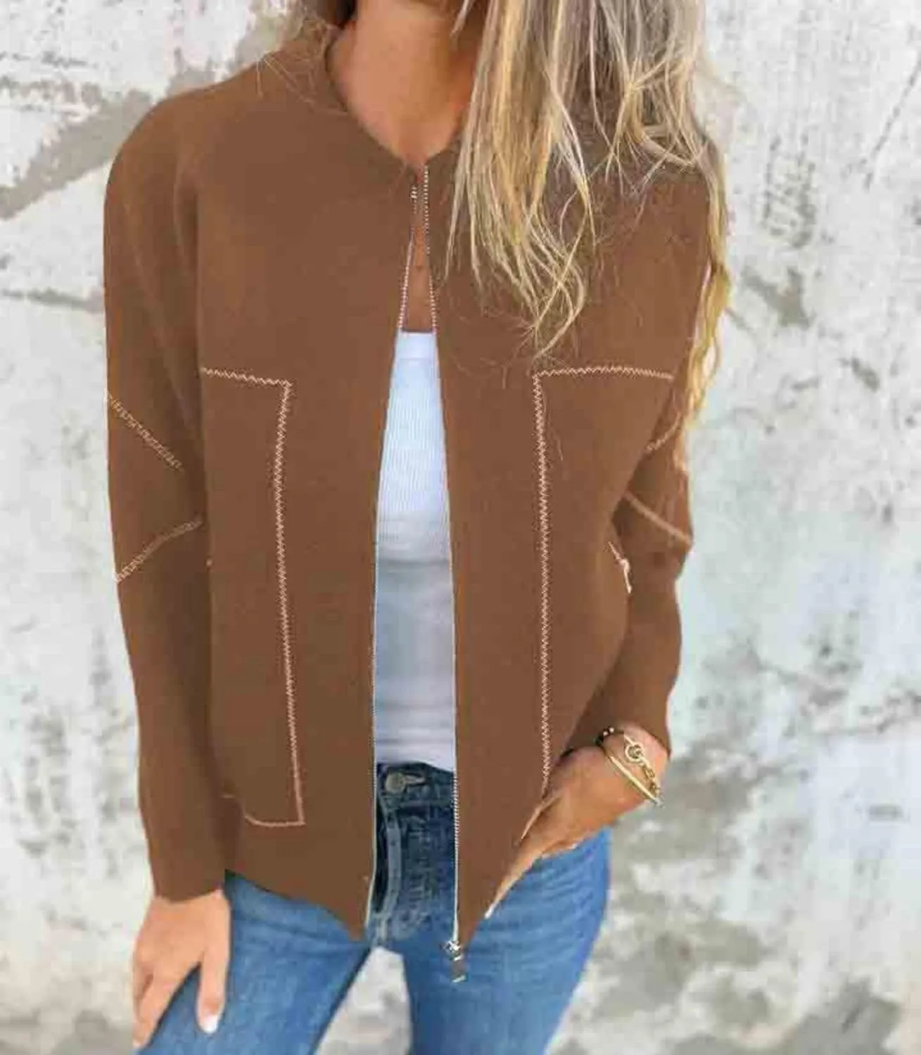 Womens Pea Coat Zip Up Long Sleeve Coat Crew Neck Wool Blend Jacket Open Front Cardigan Outerwear with Pockets