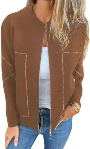 Womens Pea Coat Zip Up Long Sleeve Coat Crew Neck Wool Blend Jacket Open Front Cardigan Outerwear with Pockets