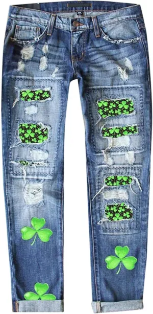 Womens Plaid Patch Ripped Boyfriend Distressed Stretch Skinny Denim Jeans with Hole Y2K Floral Patchwork Jeans