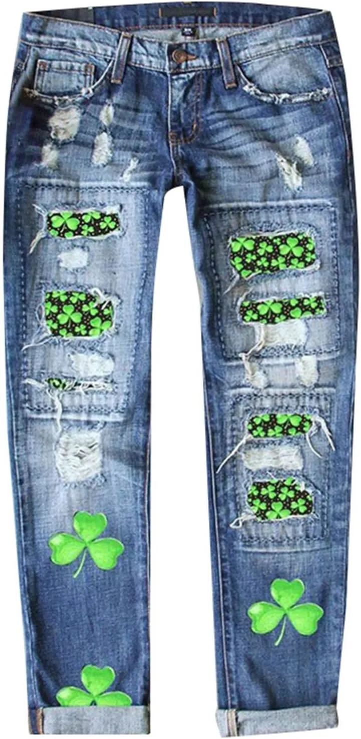 Womens Plaid Patch Ripped Boyfriend Distressed Stretch Skinny Denim Jeans with Hole Y2K Floral Patchwork Jeans