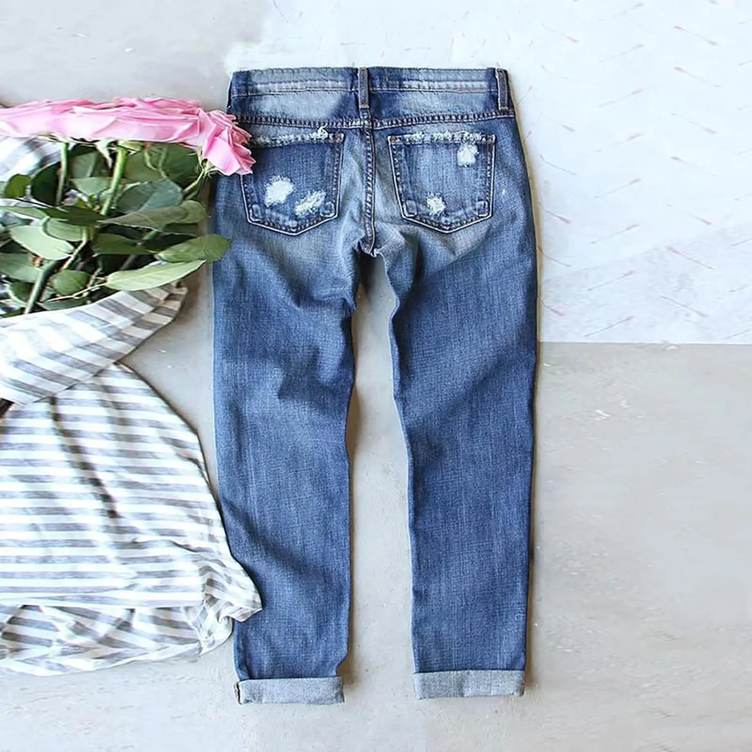 Womens Plaid Patch Ripped Boyfriend Distressed Stretch Skinny Denim Jeans with Hole Y2K Floral Patchwork Jeans