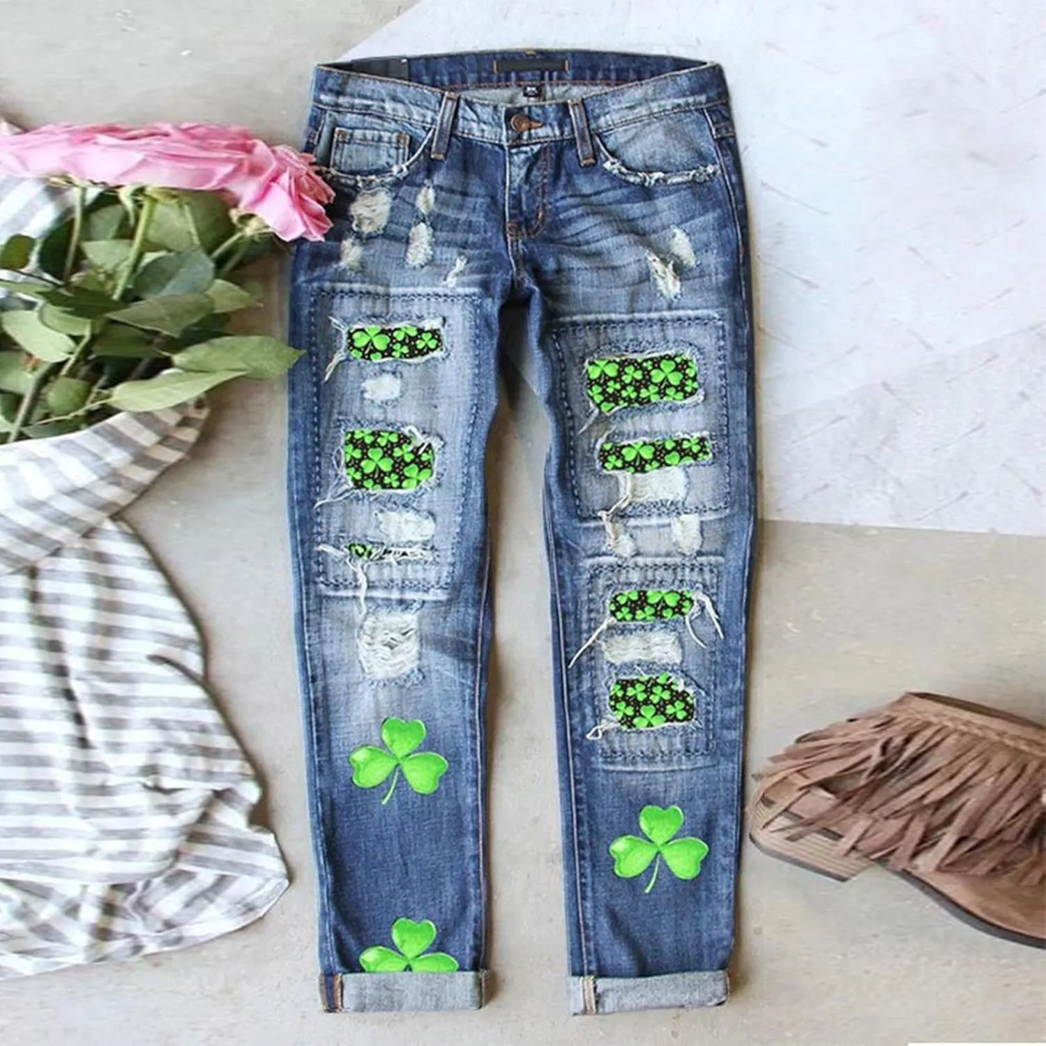 Womens Plaid Patch Ripped Boyfriend Distressed Stretch Skinny Denim Jeans with Hole Y2K Floral Patchwork Jeans