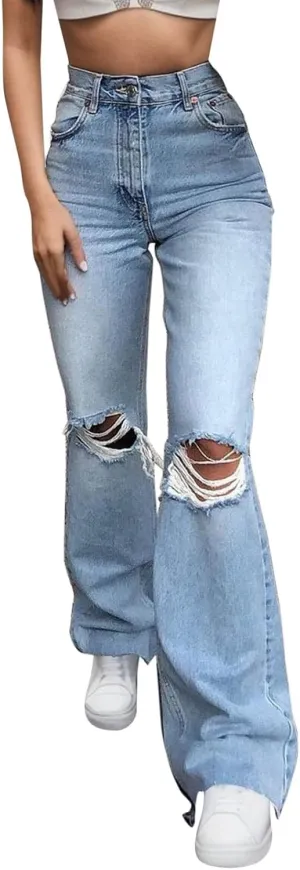 Women's Ripped High Waisted Flared Jeans Wide Leg Destroyed Denim Pants High Waisted Stretch Jeans Baggy Jeans