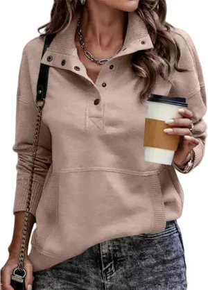 Women's Snaps Henley Sweatshirt Casual High Neck Long Sleeve Sweaters with Pocket Lightweight Pullover Tops