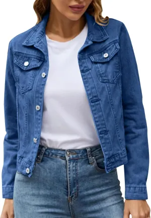 Women's Stretch Denim Jacket Basic Solid Button Down Jean Coat Relaxed Fitted Long Sleeves Shacket Outerwear with Pockets