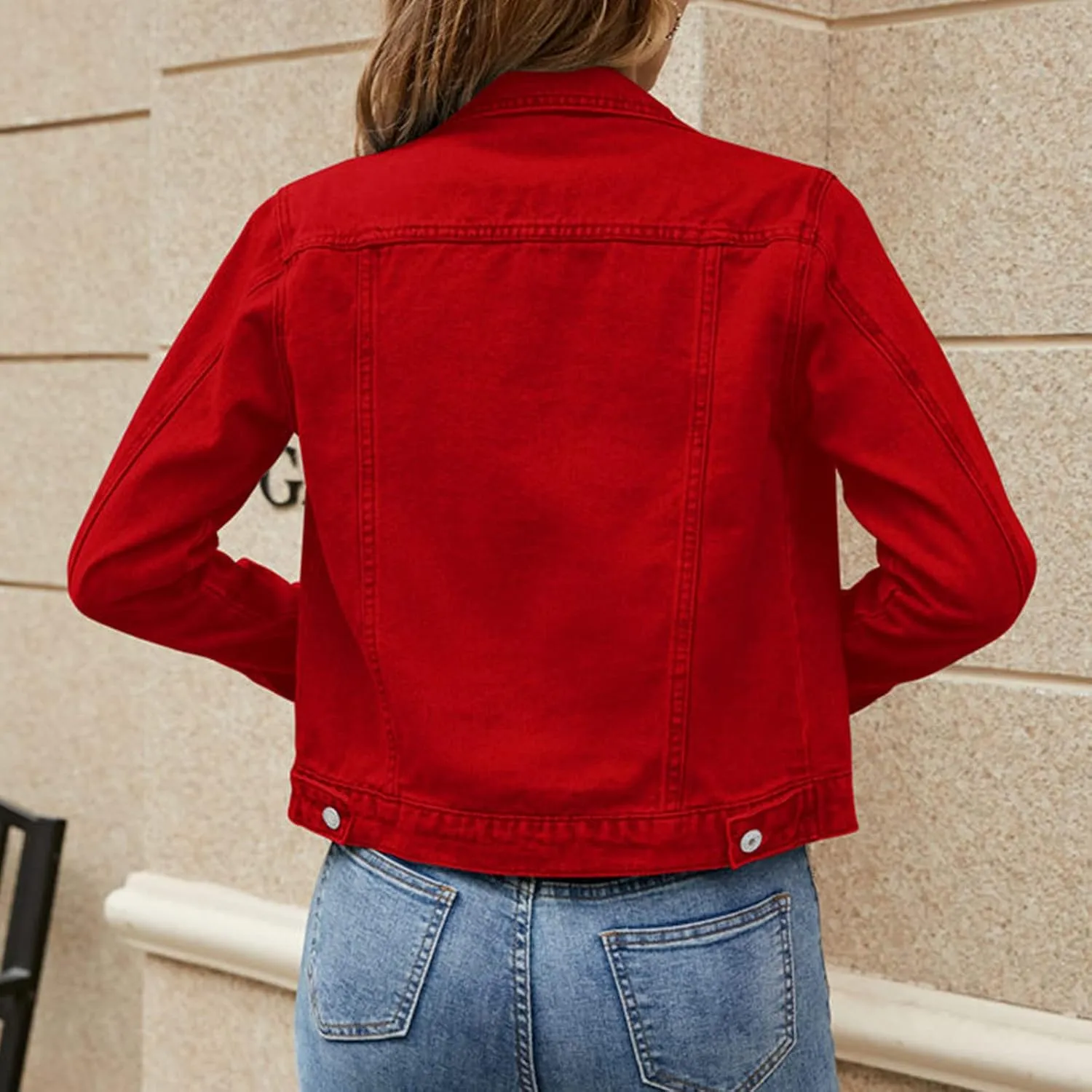 Women's Stretch Denim Jacket Basic Solid Button Down Jean Coat Relaxed Fitted Long Sleeves Shacket Outerwear with Pockets