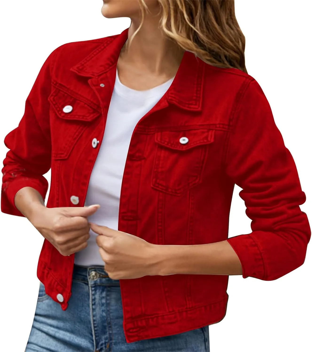 Women's Stretch Denim Jacket Basic Solid Button Down Jean Coat Relaxed Fitted Long Sleeves Shacket Outerwear with Pockets