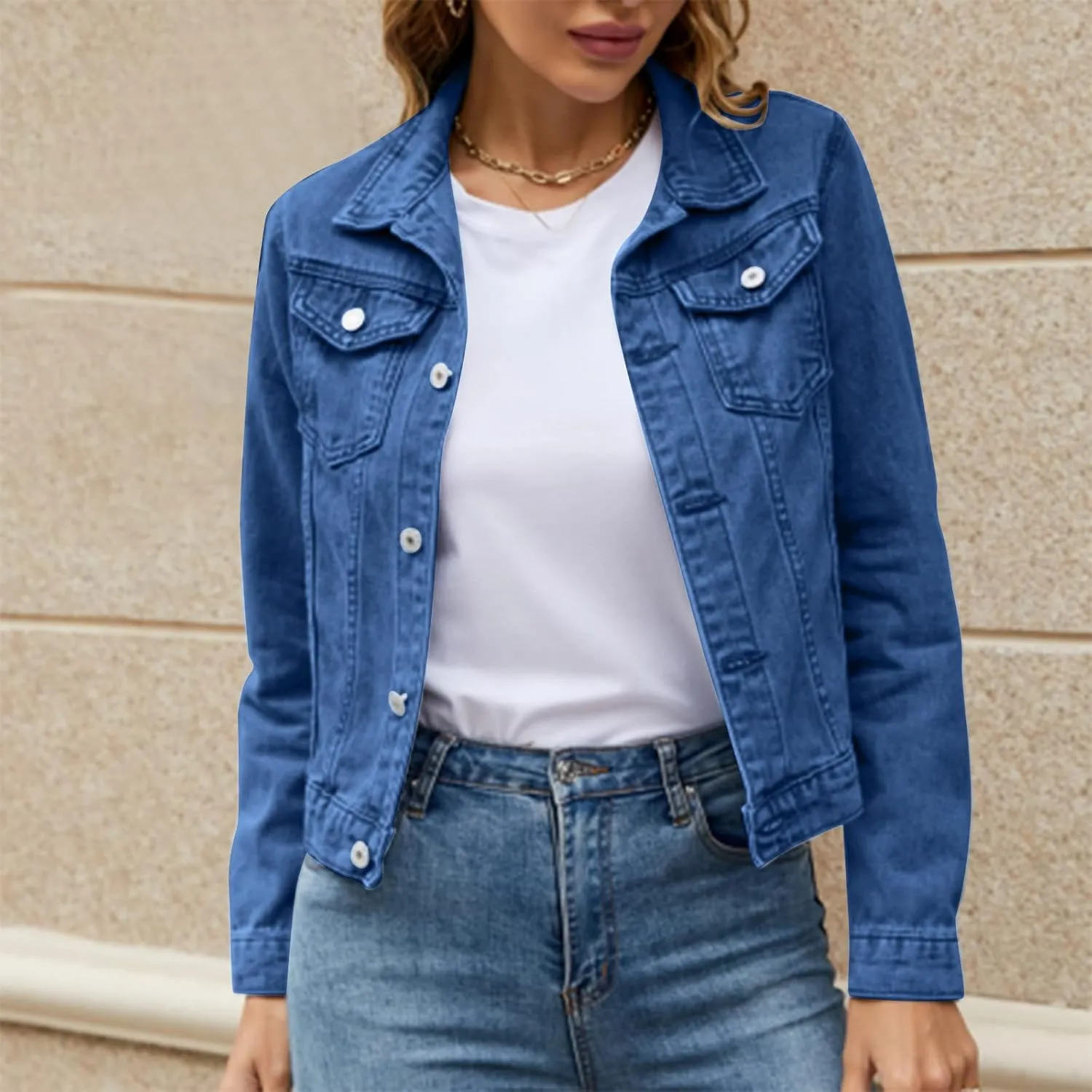 Women's Stretch Denim Jacket Basic Solid Button Down Jean Coat Relaxed Fitted Long Sleeves Shacket Outerwear with Pockets