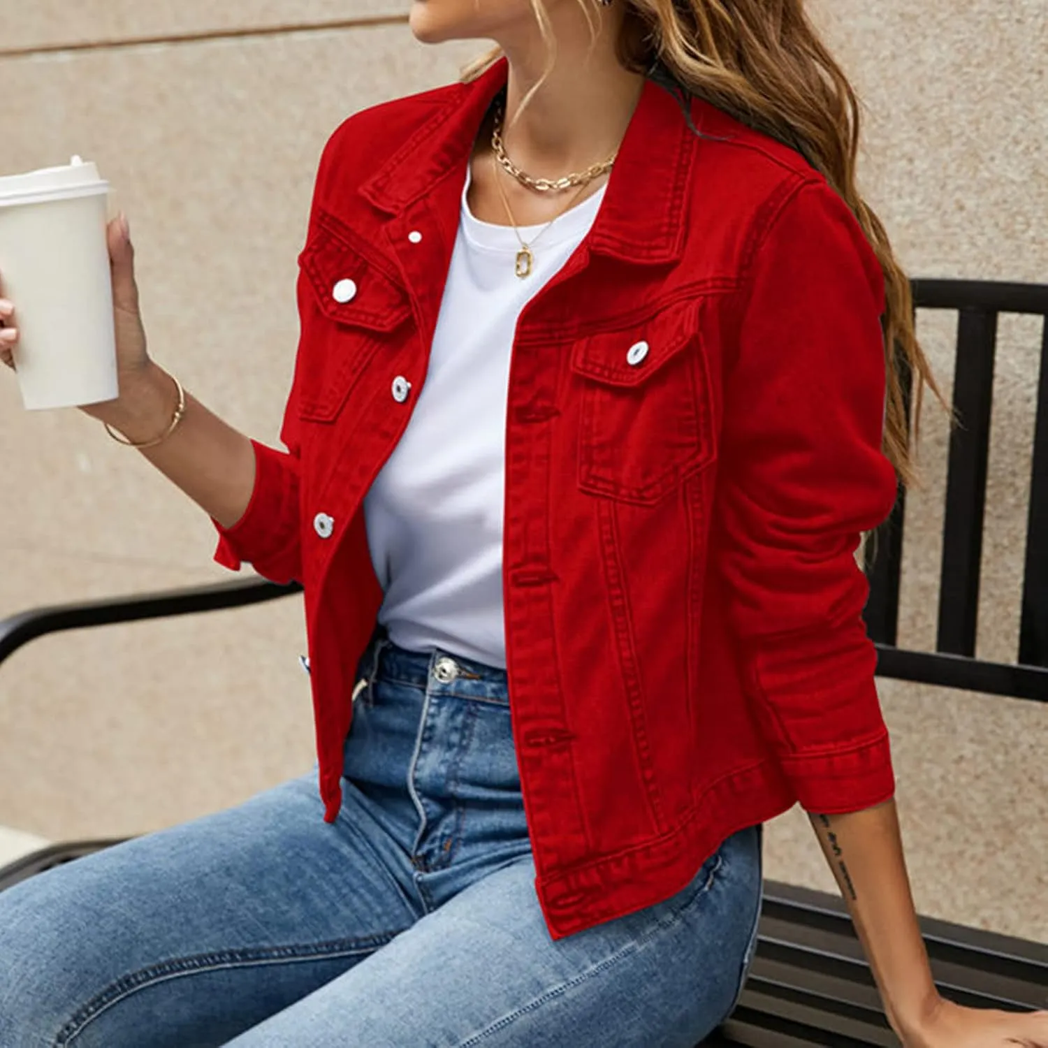 Women's Stretch Denim Jacket Basic Solid Button Down Jean Coat Relaxed Fitted Long Sleeves Shacket Outerwear with Pockets