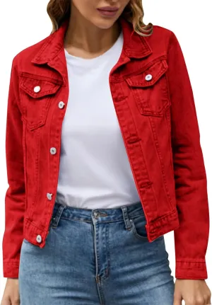Women's Stretch Denim Jacket Basic Solid Button Down Jean Coat Relaxed Fitted Long Sleeves Shacket Outerwear with Pockets