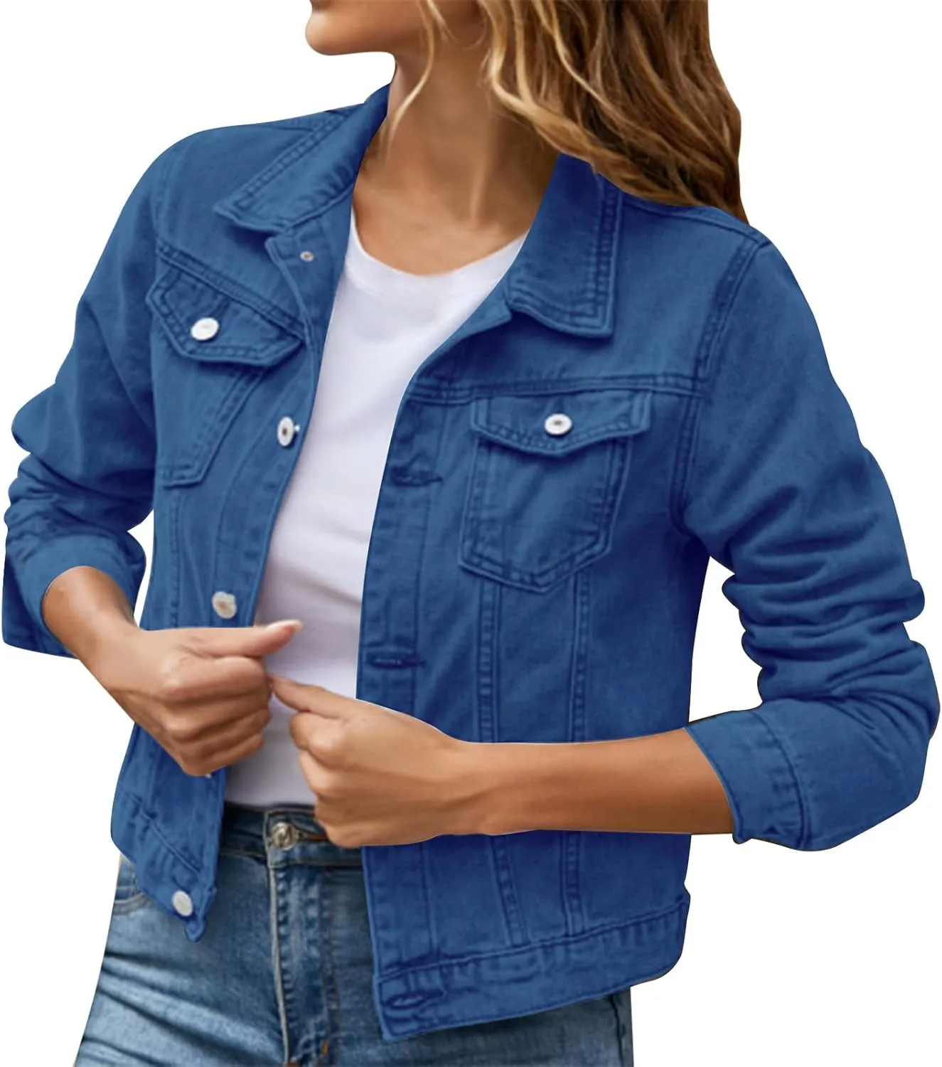 Women's Stretch Denim Jacket Basic Solid Button Down Jean Coat Relaxed Fitted Long Sleeves Shacket Outerwear with Pockets