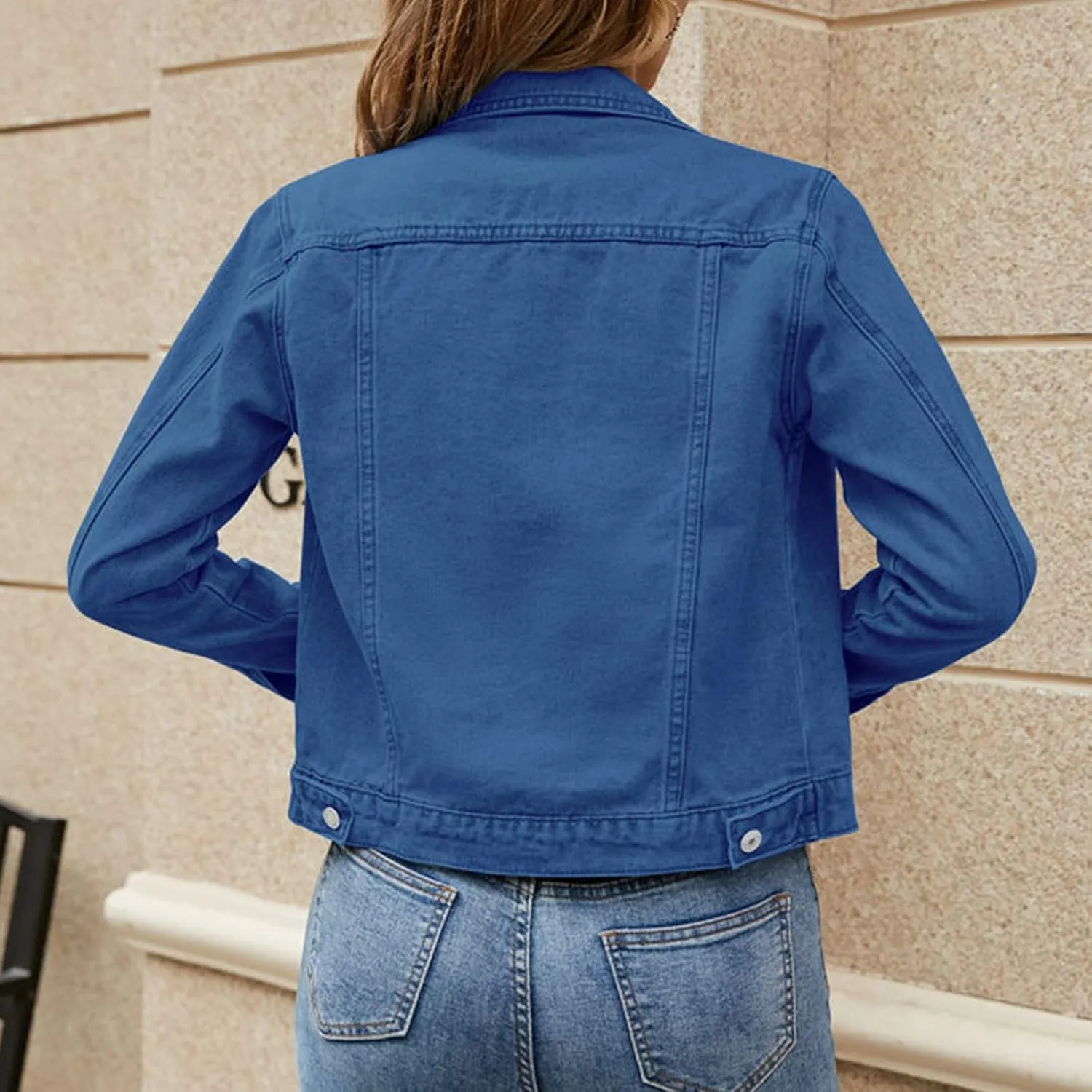 Women's Stretch Denim Jacket Basic Solid Button Down Jean Coat Relaxed Fitted Long Sleeves Shacket Outerwear with Pockets