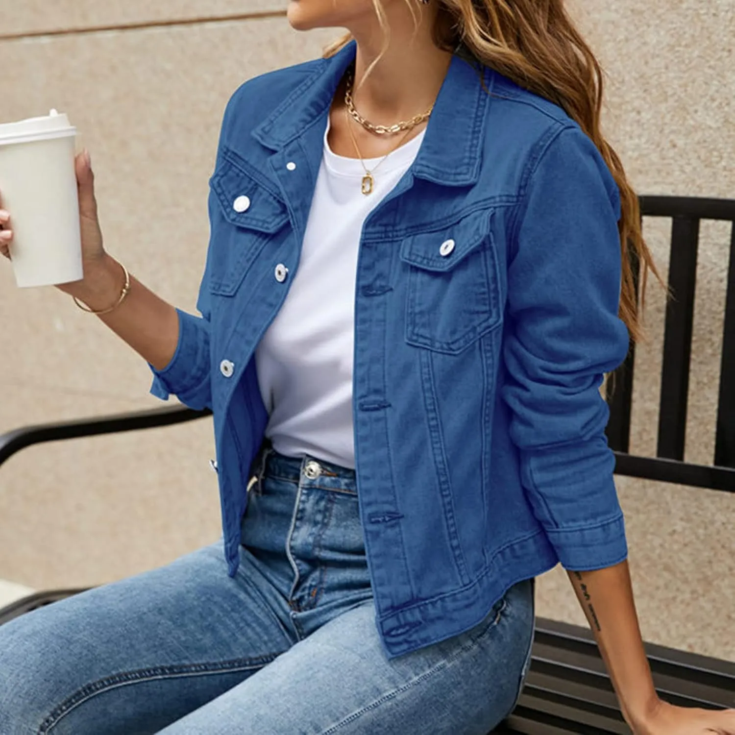 Women's Stretch Denim Jacket Basic Solid Button Down Jean Coat Relaxed Fitted Long Sleeves Shacket Outerwear with Pockets