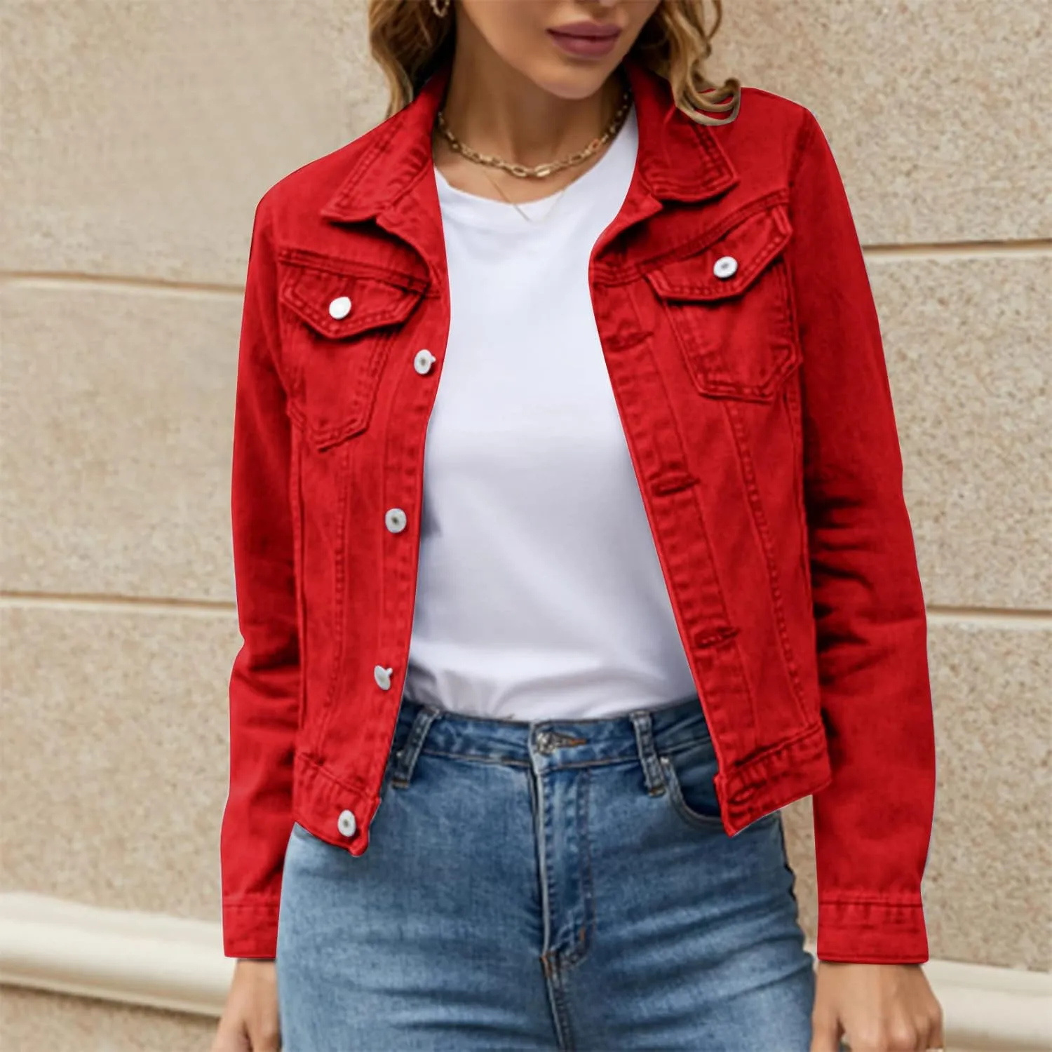 Women's Stretch Denim Jacket Basic Solid Button Down Jean Coat Relaxed Fitted Long Sleeves Shacket Outerwear with Pockets