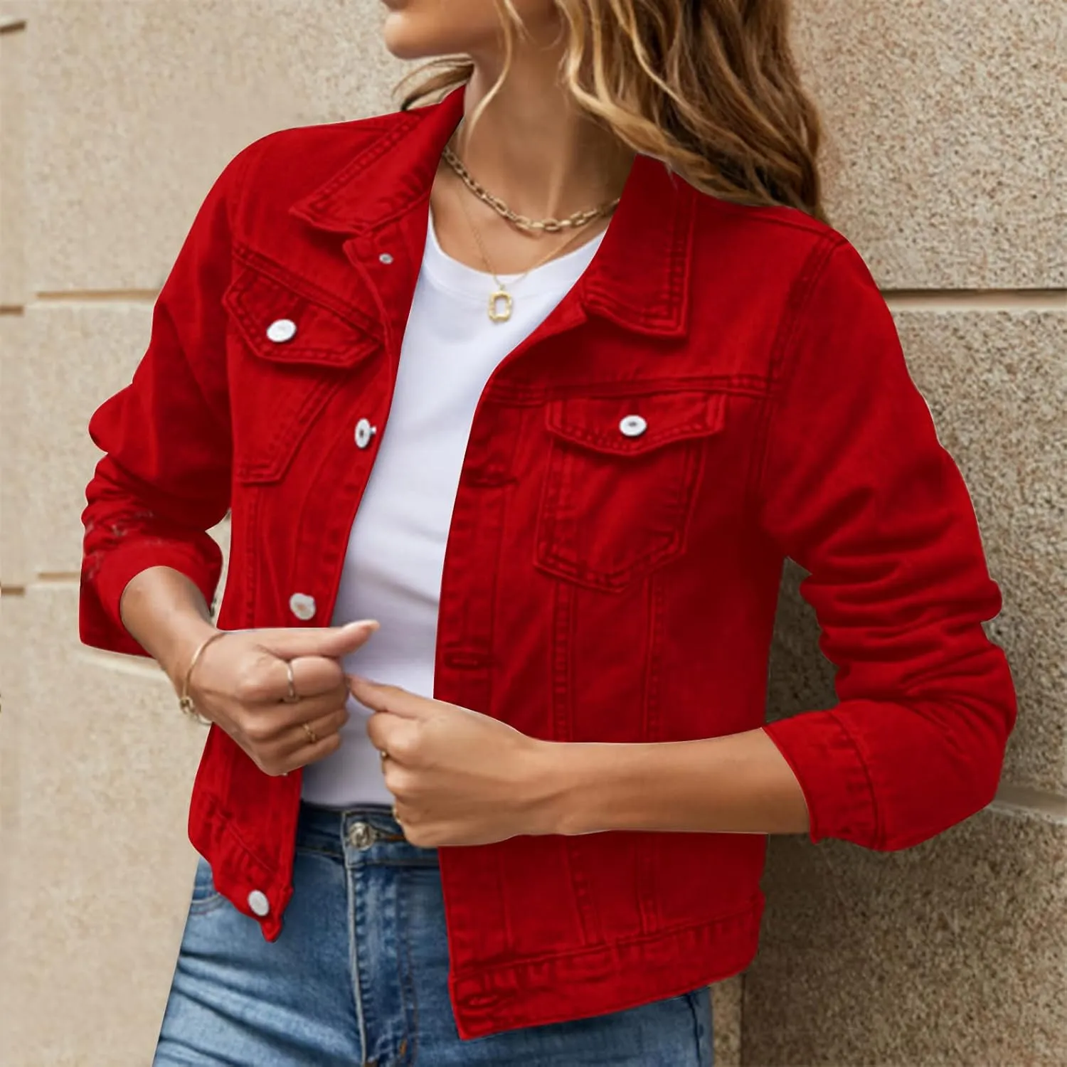 Women's Stretch Denim Jacket Basic Solid Button Down Jean Coat Relaxed Fitted Long Sleeves Shacket Outerwear with Pockets