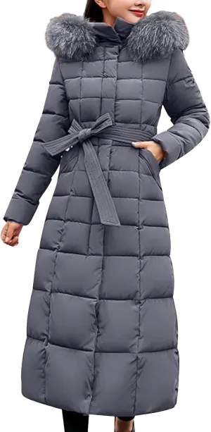 Women's Water Resistant Long Winter Coat Thickened Down Jacket Warm Puffer Jacket Pockets Quilted Parka with Faux Fur